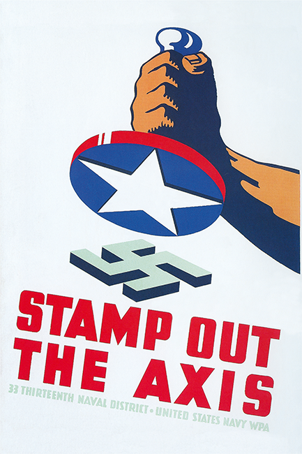 A World War II recruiting poster. Text reads: Stamp Out The Axis